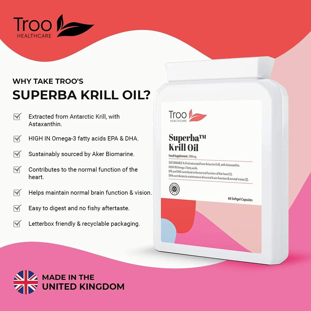 Superba Krill Oil Extract 500 Mg - 60 Soft Gel Easy Swallow Capsules – Sustainably Eco Harvested from Antarctic Krill with Astaxanthin - Manufactured to GMP Standards