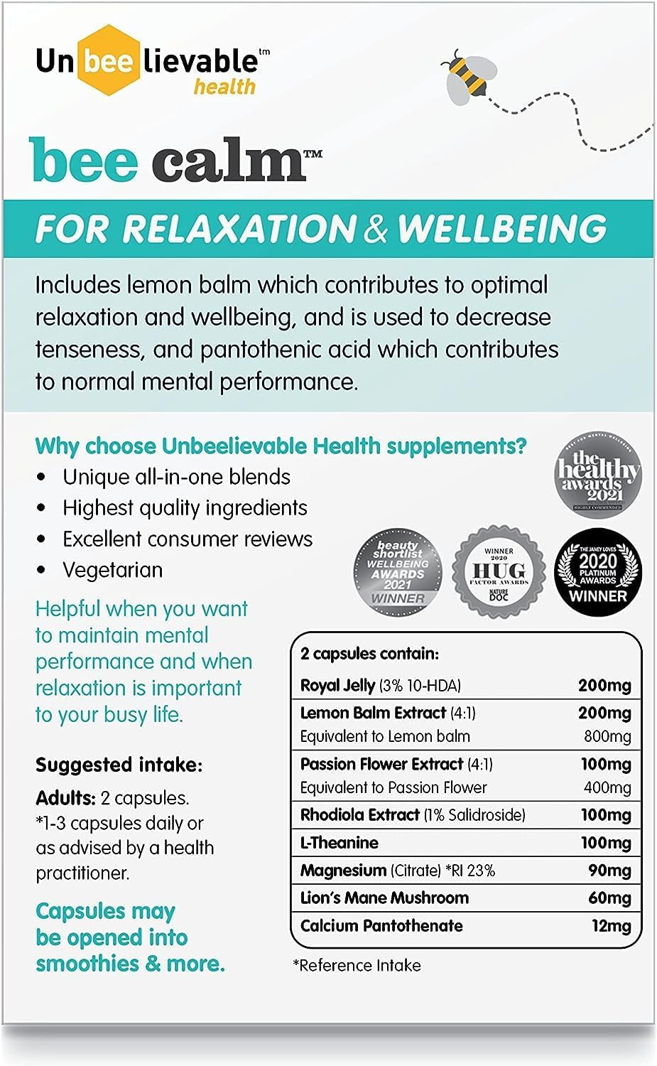 Health Bee Calm Relaxation and Wellbeing Support - Created by Nutritional Experts – Help Increase Resistance to Stress – Plant Based & Gluten Free (3 Packs)
