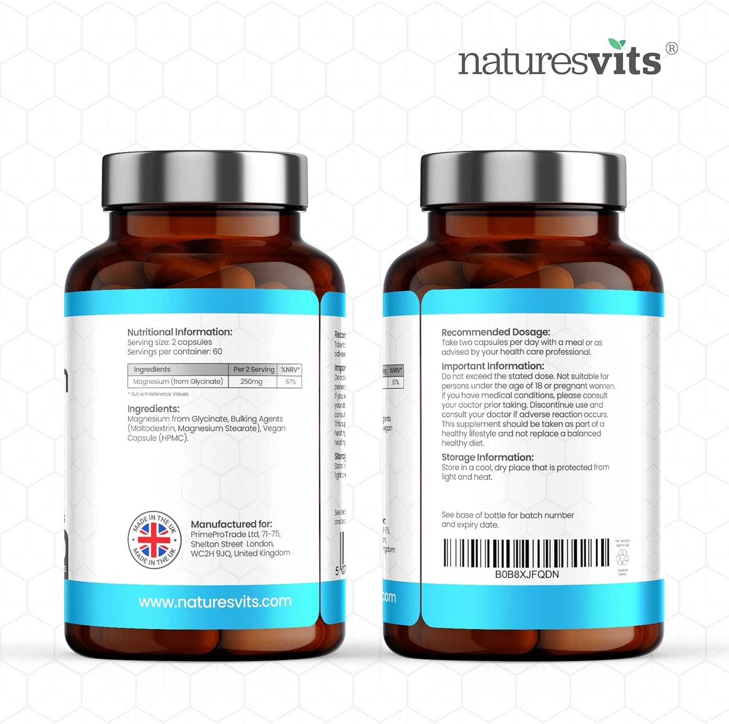 Magnesium Glycinate Capsules, 250 Mg - Bisglycinate Natural Night Time Supplement to Promote Sleep and Calm, Reduce Restless Legs and Relieve Muscle Cramps - Suitable for Women and Men