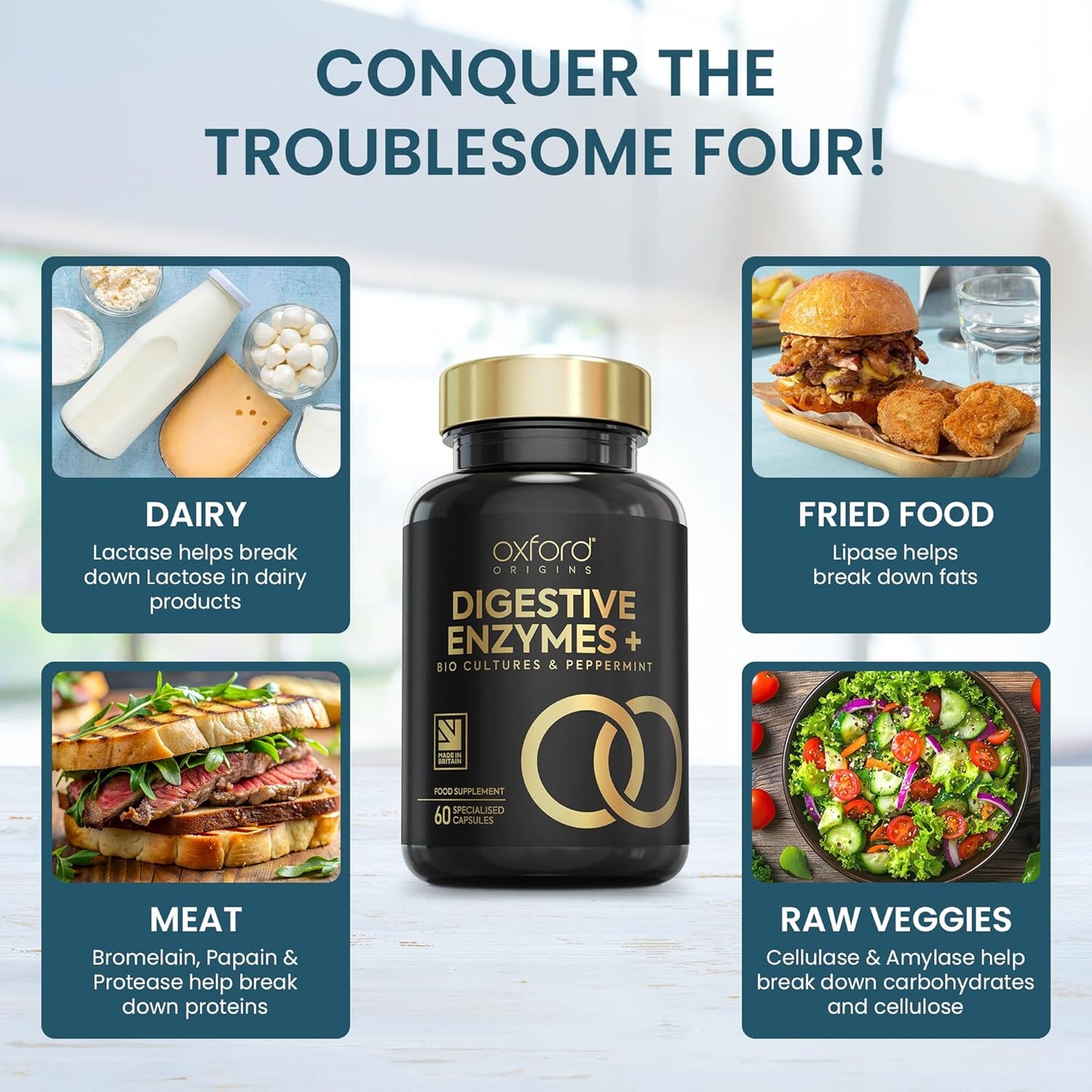 Award Winning 10-In-1 Digestive Enzyme Supplements | Made in the UK | Probiotics & Peppermint Oil for Gut Health, Bloating Relief and Belly Reduction | One Vegan Capsule per Meal | 60 Capsules