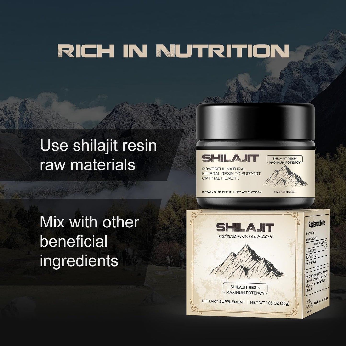Shilajit Resin, Pure Himalayan Shilajit Resin 600Mg with 85+ Trace Minerals Complex Beverage for Energy Support, 30 Grams a Box for Suggust 2 Months