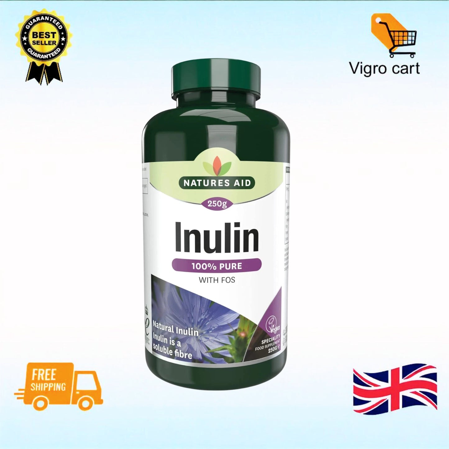 Natures Aid Inulin Powder 250 G from Chicory Root 100% Natural with FOS