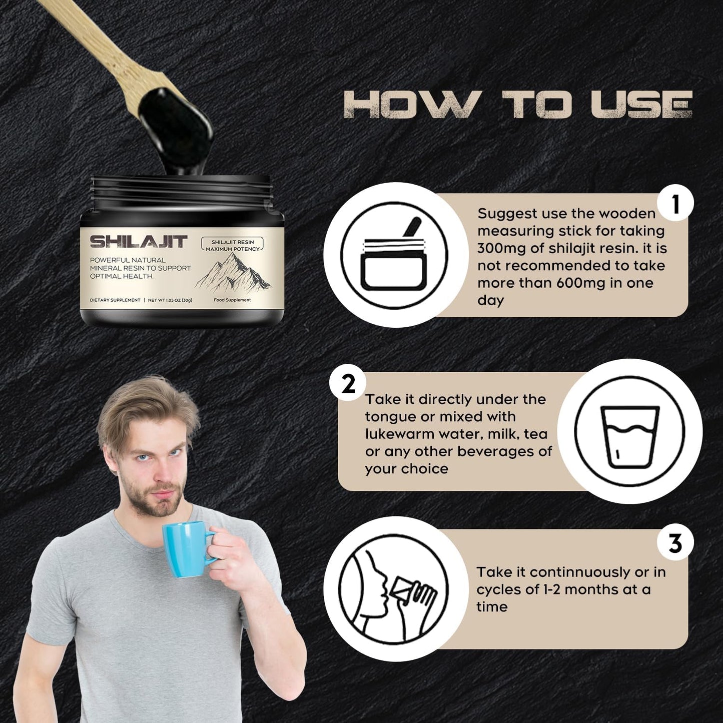 Shilajit Resin, Pure Himalayan Shilajit Resin 600Mg with 85+ Trace Minerals Complex Beverage for Energy Support, 30 Grams a Box for Suggust 2 Months