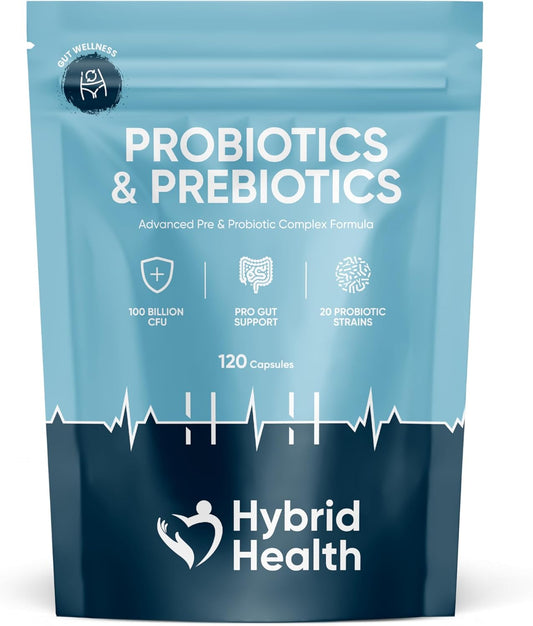Probiotics & Prebiotics Complex | 120 Vegan Capsules | 100 Billion CFU | Advanced Strength Probiotics with 20 Diverse Strains | Pre & Probiotic for Women and Men