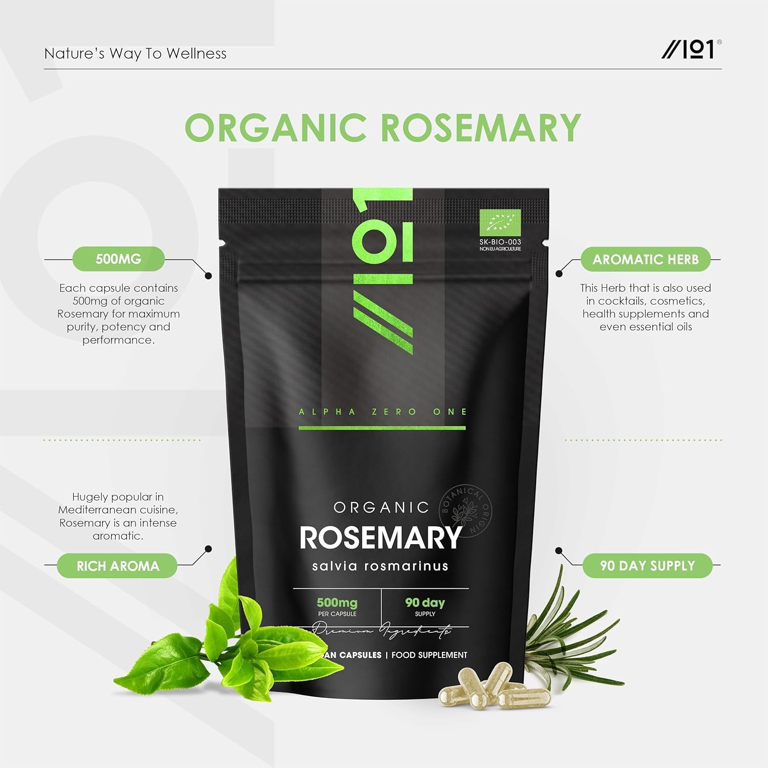 Organic Rosemary 500Mg - 90 Vegan Capsules - High Strength Salvia Rosmarinus Sup