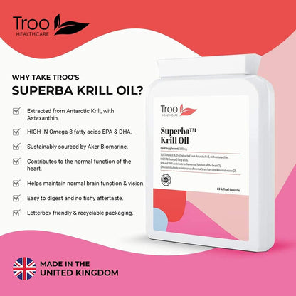 Superba Krill Oil Extract 500 Mg - 60 Soft Gel Easy Swallow Capsules – Sustainably Eco Harvested from Antarctic Krill with Astaxanthin - Manufactured to GMP Standards